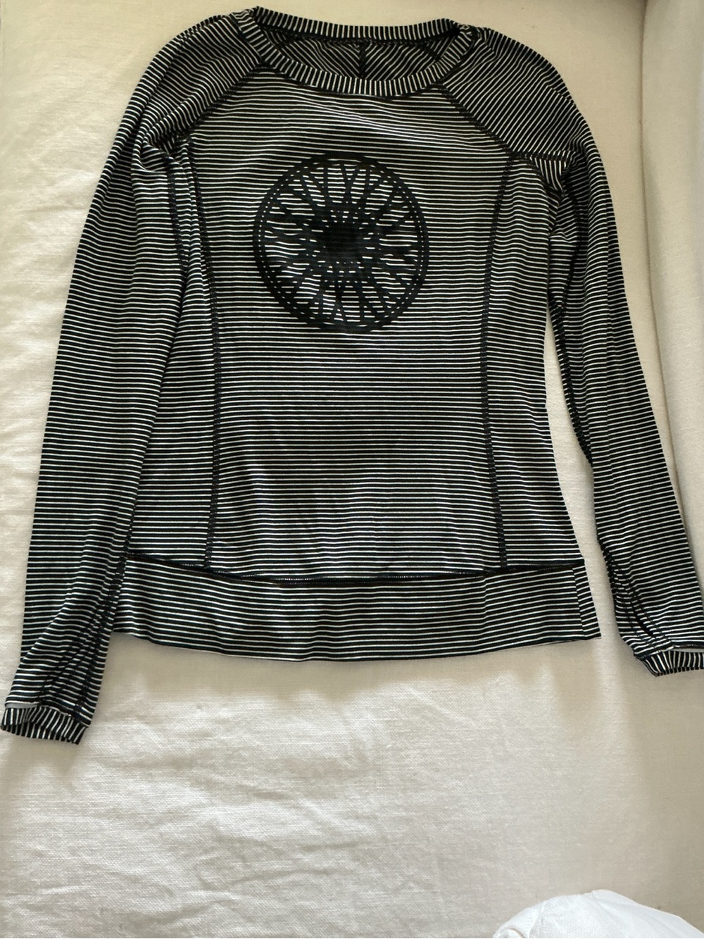 Lululemon Black and White Striped Long-Sleeve Top with Center Graphic